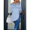Nova Blusa Feminina Casual de Manga Longa com Babados Off Shoulder para Primavera, Cor Sólida, Corte Slim, Moda para Escritório