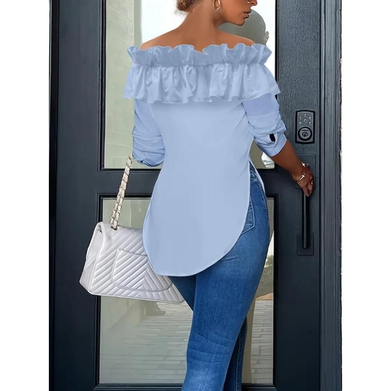 Neues schulterfreies Rüschenlangarmshirt Frühling Damen Casual Unregelmäßige Bluse Einfarbig Slim Fit Mode Büro-Dame Oberteil