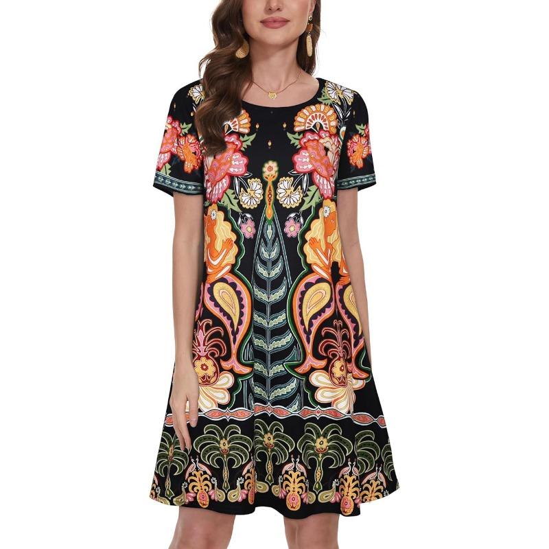 JKASHDK Abiti casual con stampa a fiori, a maniche corte, con scollo a V e vita larga, alla moda estiva da donna