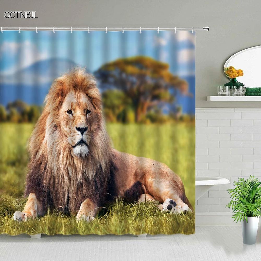 Animal Shower Curtains Elephant Zebra Tiger Leopard Waterproof Fabric Bath Curtains Wildlife Printed Bathroom Decor Screen Hooks