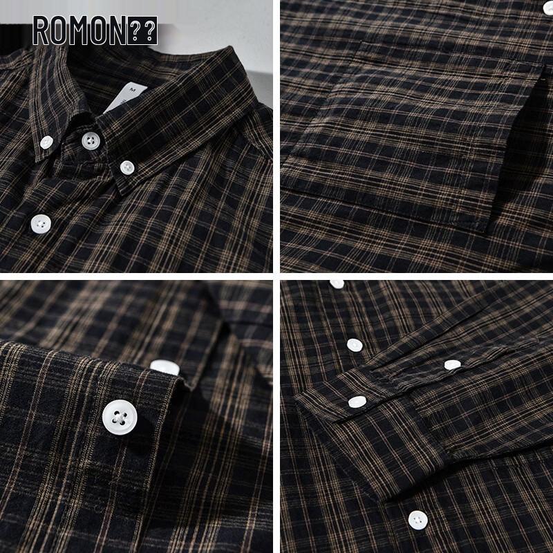 ROMON Men's Japanese Retro Plaid Drop-Shoulder Long-Sleeve Shirt