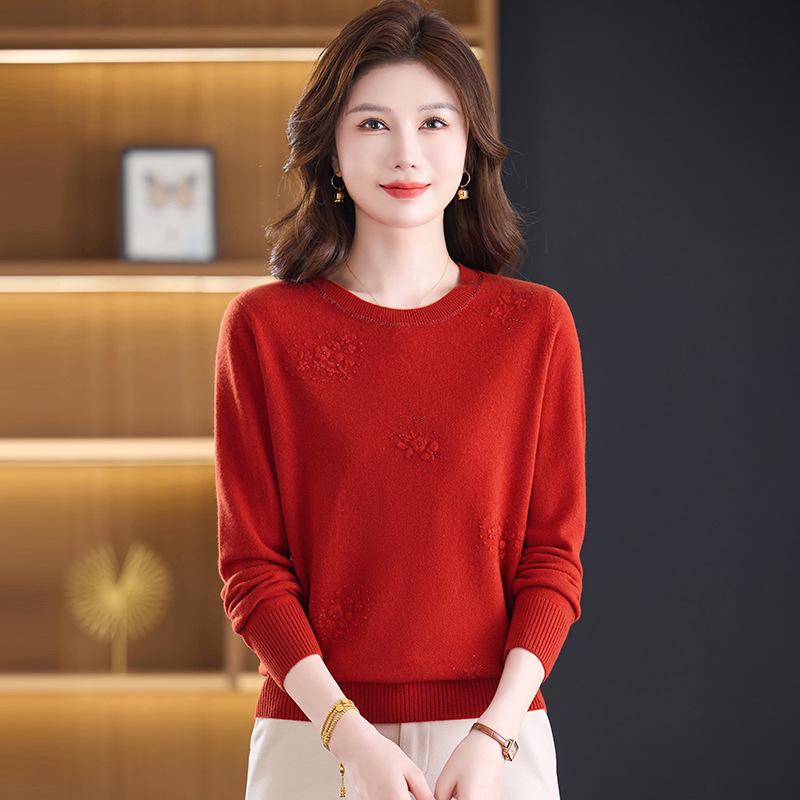 Autumn/Winter 100% Pure Wool Sweater for Mature Women - Knitted Base Layer with Stylish Embroidered Half-High Neck