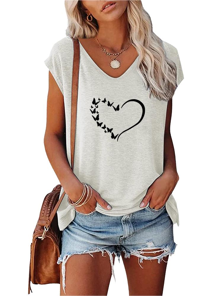 Women Fashion V Neck Printed T-shirt Summer Casual Short Sleeve Top
