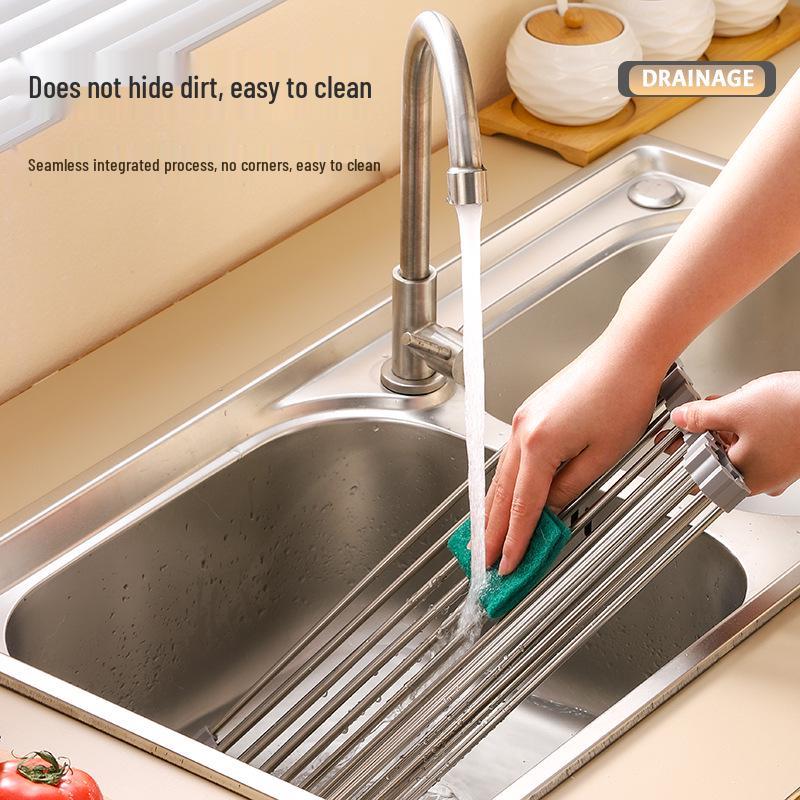 Multi-functional Silicone Roll-up Dish Drying Rack for Bowls, Chopsticks, Fruits, and Vegetables - Stainless Steel Folding Sink Rack for Plates.