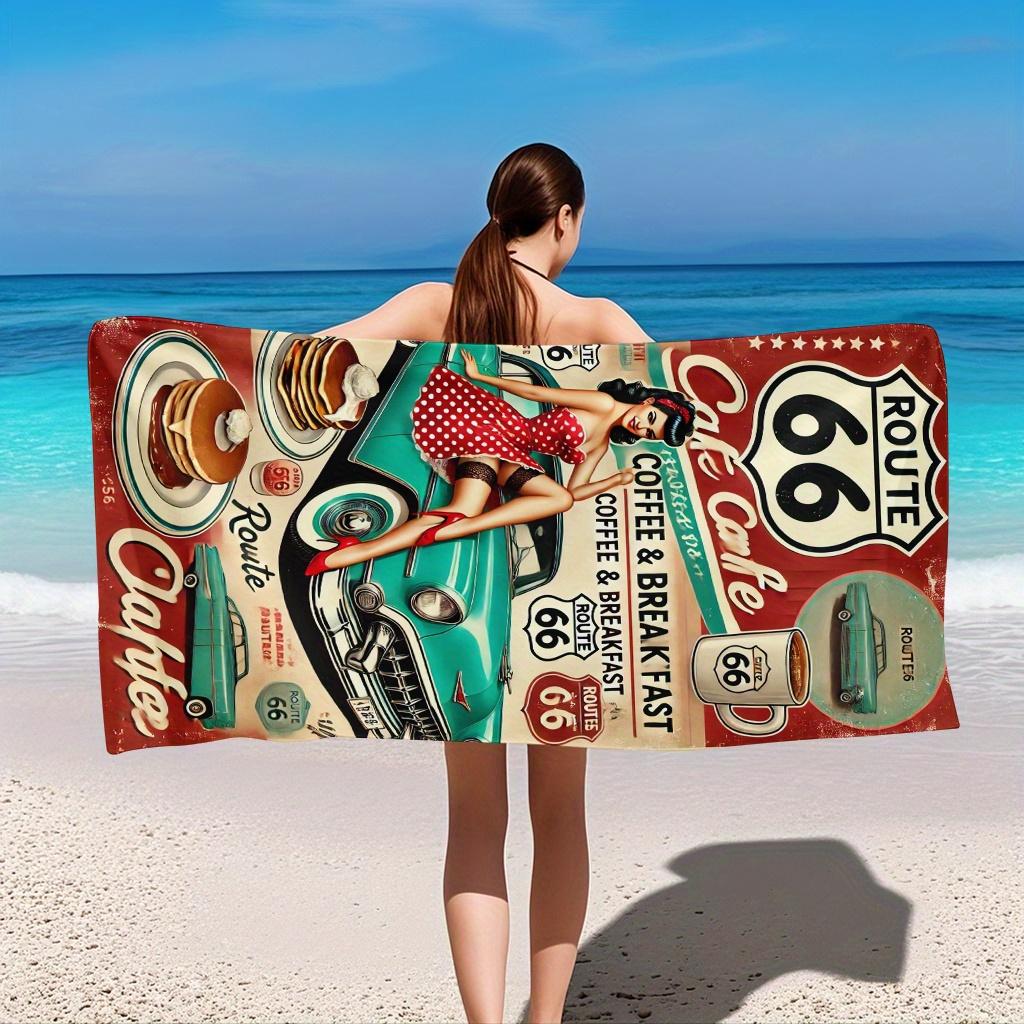 Lampada White Route 66 Windmill Beach Towel, Classic Car And Coffee Artistic Design Quick-Dry Sand-Free Bath Towel For Beach And Picnic