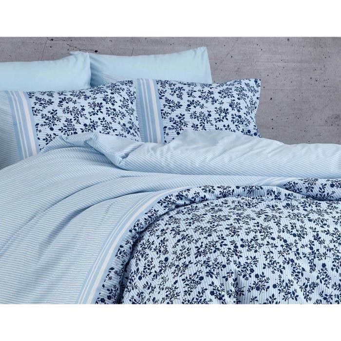 Parure de lit - 1 housse de couette 220 x 240 cm + 2 taies d'oreiller 60 x 60 cm - 100% coton renforcé - Bleu