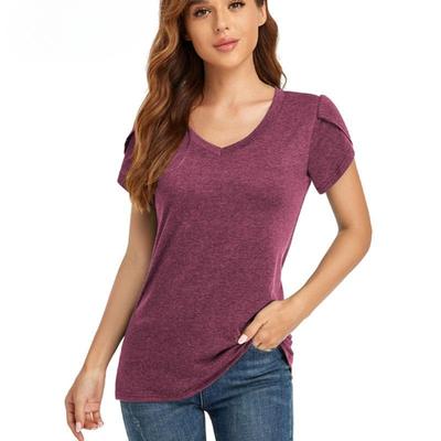 Summer Women T-shirt Solid Color V-neck Short Sleeve Loose Casual Top