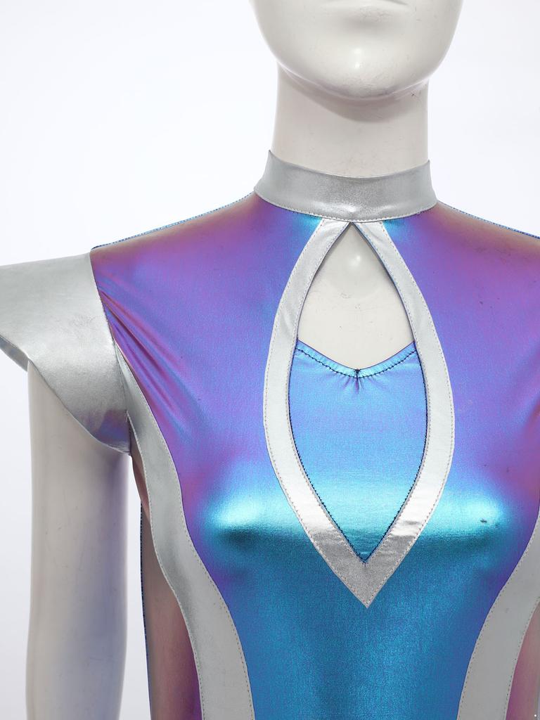 Womens Alien Cosplay Dress Fly Sleeve Front Hollow Out Metallic Shiny Patchwork Tulle Hem Built-in Briefs