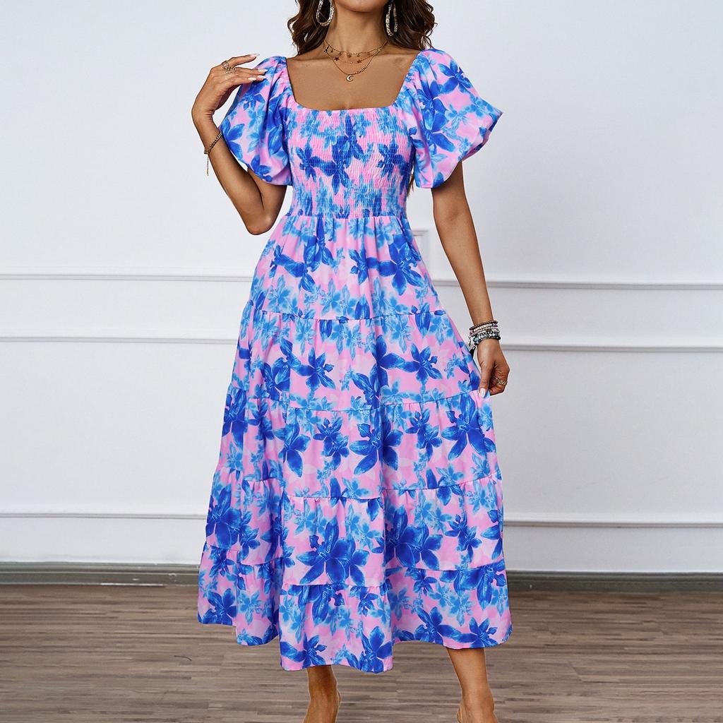 Women's Fashionable Square Neck Floral Print Bubble Short Sleeved Dress With Temperament