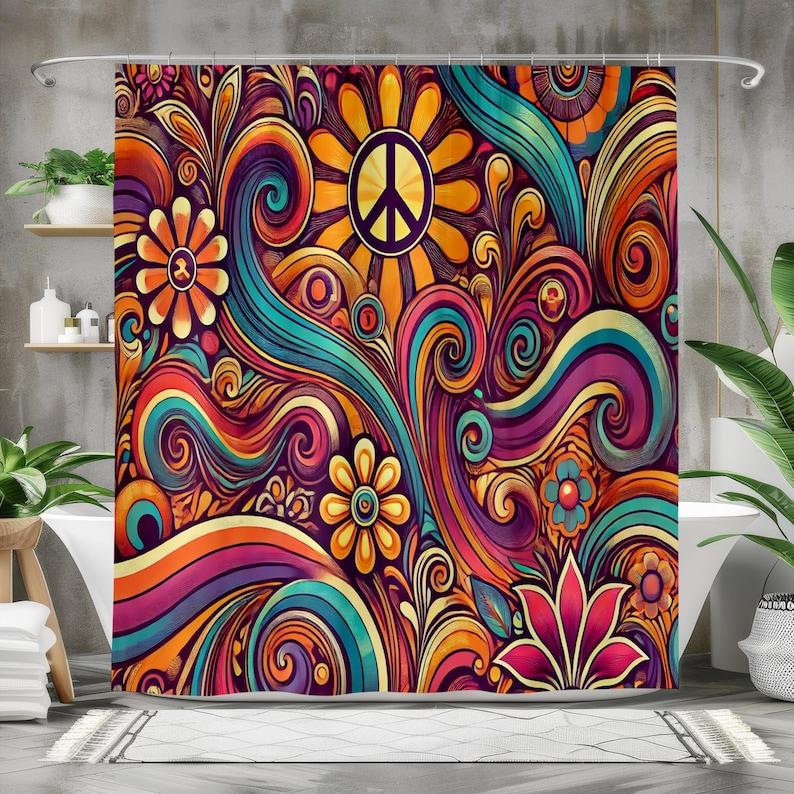 

Hippie Shower Curtain, Retro 70s Psychedelic Decor, Colorful Peace Sign & Swirl Pattern, Funky Boho Bathroom Art, Flower Power W90XH180cm