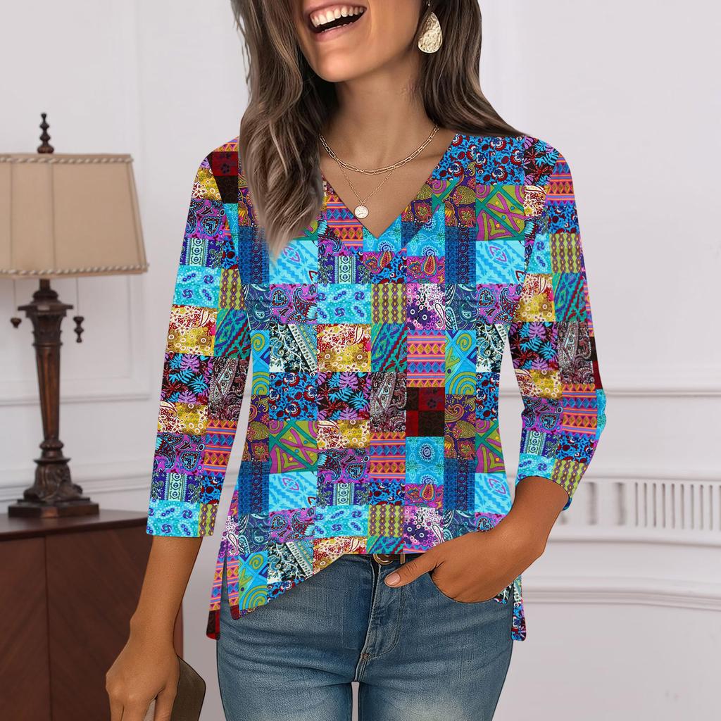 3/4 Sleeve Shirts For Women  Print Graphic Tees Blouses Casual Plus Size Basic Tops Pullover