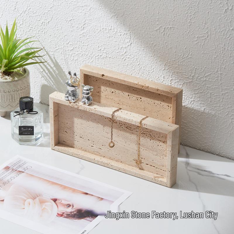 Nordic Beige Travertine Marble Tray: Light Luxury Entrance Hall Decoration & Jewelry Storage Ornament