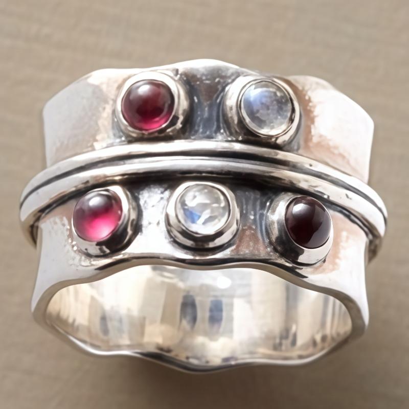 Vintage Inlaid Multicolored Stone Surround Women's Ring CopperColor Hand Carving Daily Wear Party Jewelry Anniversary Gift