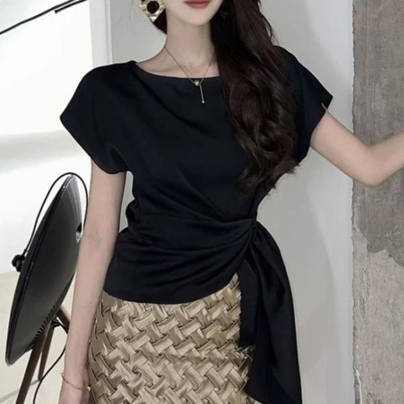 

Женская корейская модная асимметричная дизайнерская блузка на шнуровке, офисная леди, роскошная элегантная рубашка, с коротким рукавом, однотонная, приталенная, топы, блузки XXXL чёрный