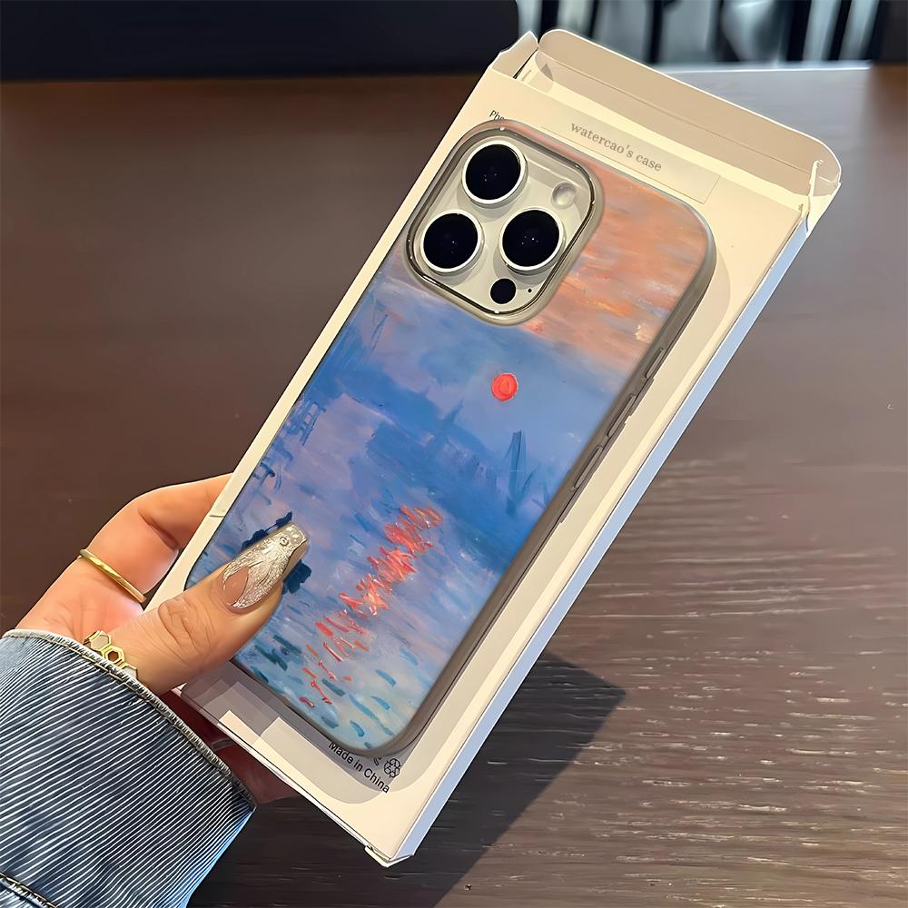 Phone Case For Iphone 14 15 Plus 16 17 Air 13 12 11 Pro Max Protective Solid Impact Resistant Funda Sunset Oil Painting Cover
