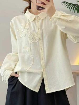 2026 Spring/Fall Women's Brushed Long-Sleeve Shirt with 3D Rose Design, Ideal for Layering.