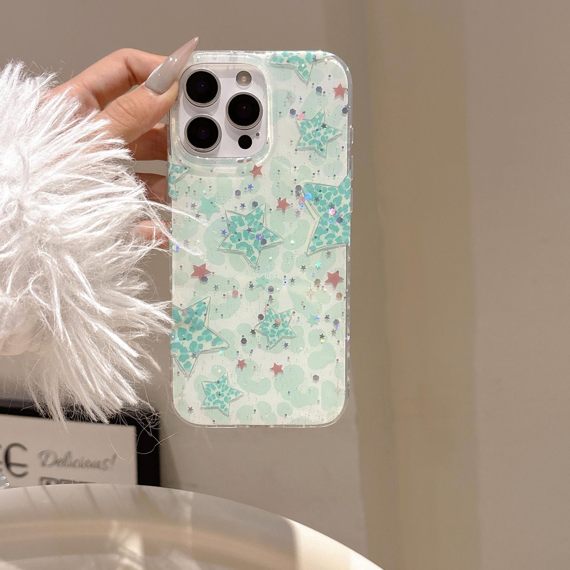 

Ins Style Glitter Green Star Case for Apple 16 iPhone 15 Pro Max Double Layer IMD 13/14 16Pro max(without Packagi