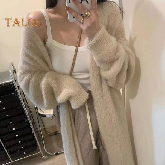 Damen Pullover Mantel Kragenlos Fledermausärmel Langarm Einfarbig Strick Cardigan Vorne Offen Mittellange Strickmode