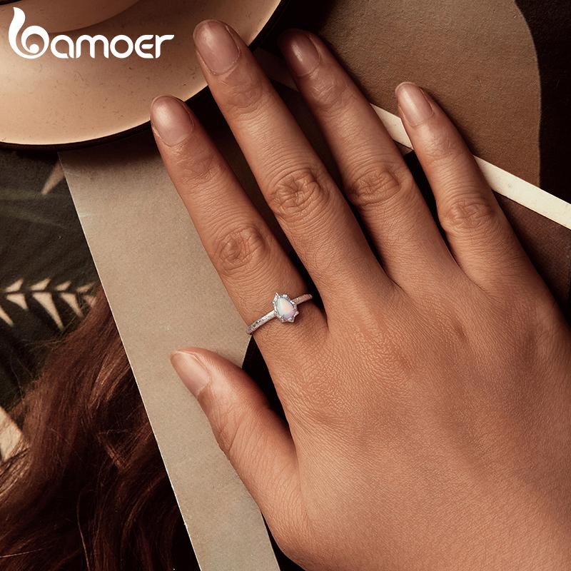 BAMOER 925 Sterling Silver Aurora Opal Solitaire Ring, Gold Plated Adjustable Finger Rings Dainty Chic Jewelry