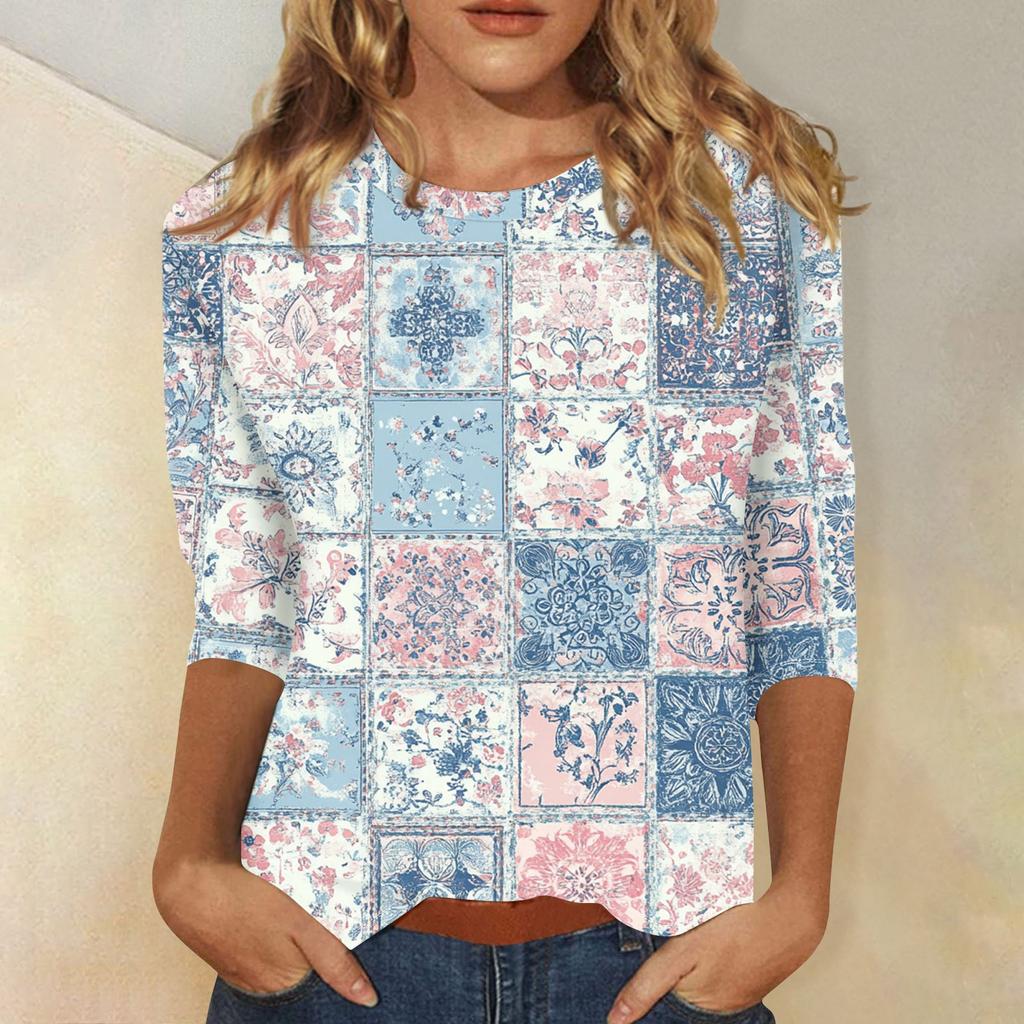 Women's Fashion Casual Three-quarter Sleeve Vintage Floral Print Round Neck Top
