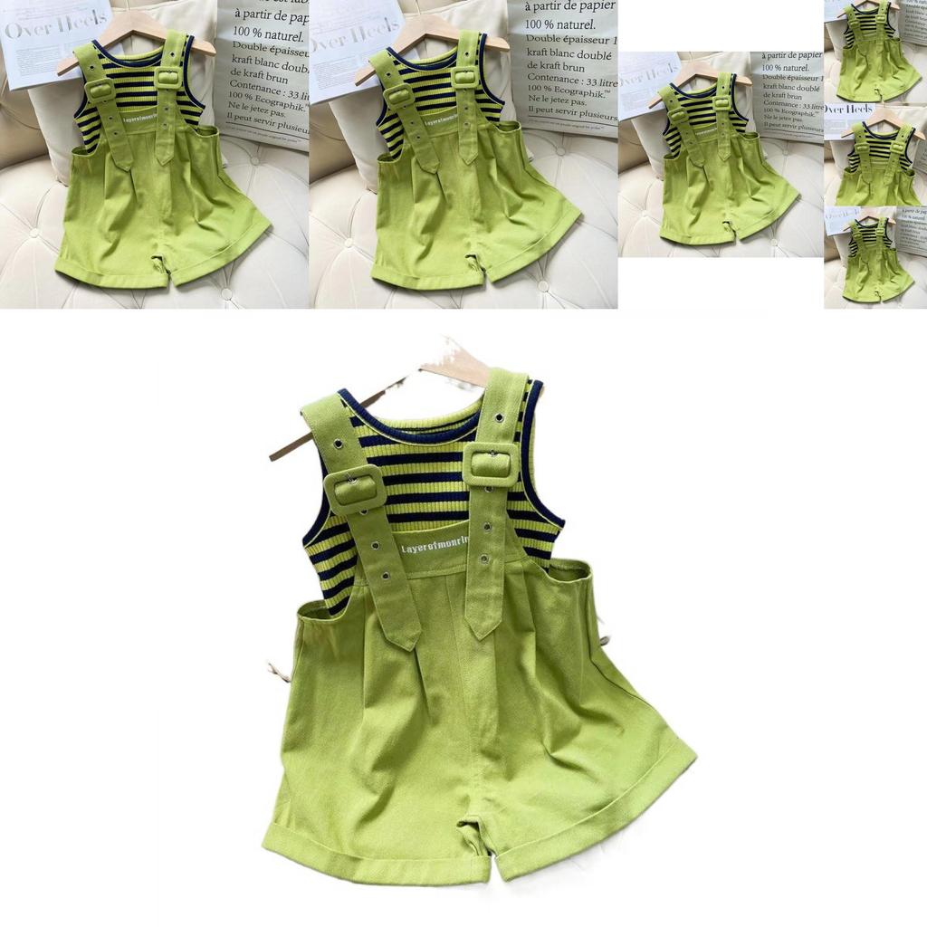 Stylish Summer Girls Two Piece Outfit Set With Trendy Sleeveless Top And Striped Adjustable Suspenders