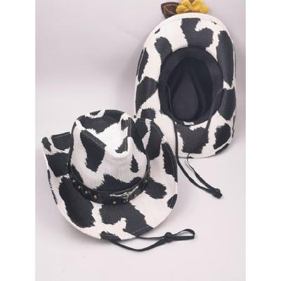 Fashion Rolled Brims Cowboy Hat with Cow Pattern Woman Banquets Party Hat