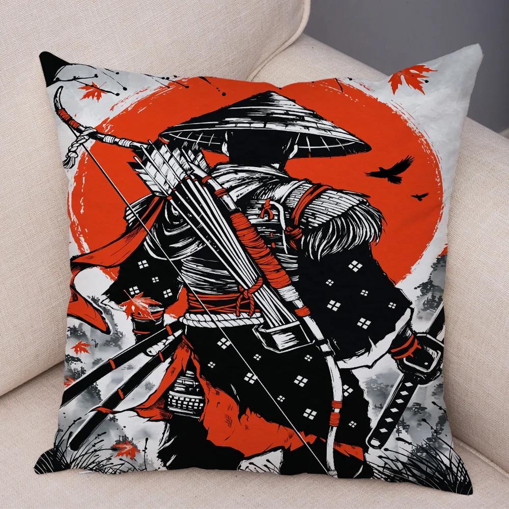 Japan Style Ink Warrior Cushion Cover for Sofa Home Double Print Decor Beautiful Scenery Girl Pillowcase Soft Plush Pillow Case