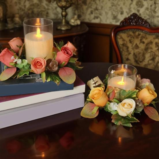 Artificial Rose Candle Ring Fake Rose Wreath with Maple Leaves Pillar Candle Wreath Table Centerpieces for Home Candlelight Dinner Wedding Party Decor