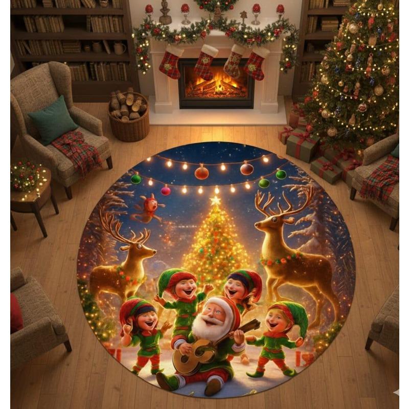 

Vintage Christmas Print Round Mat, Stain Resistant Non-Slip Carpet for Dining Room, Retro Holiday Home Decor Rug Diameter 60cm