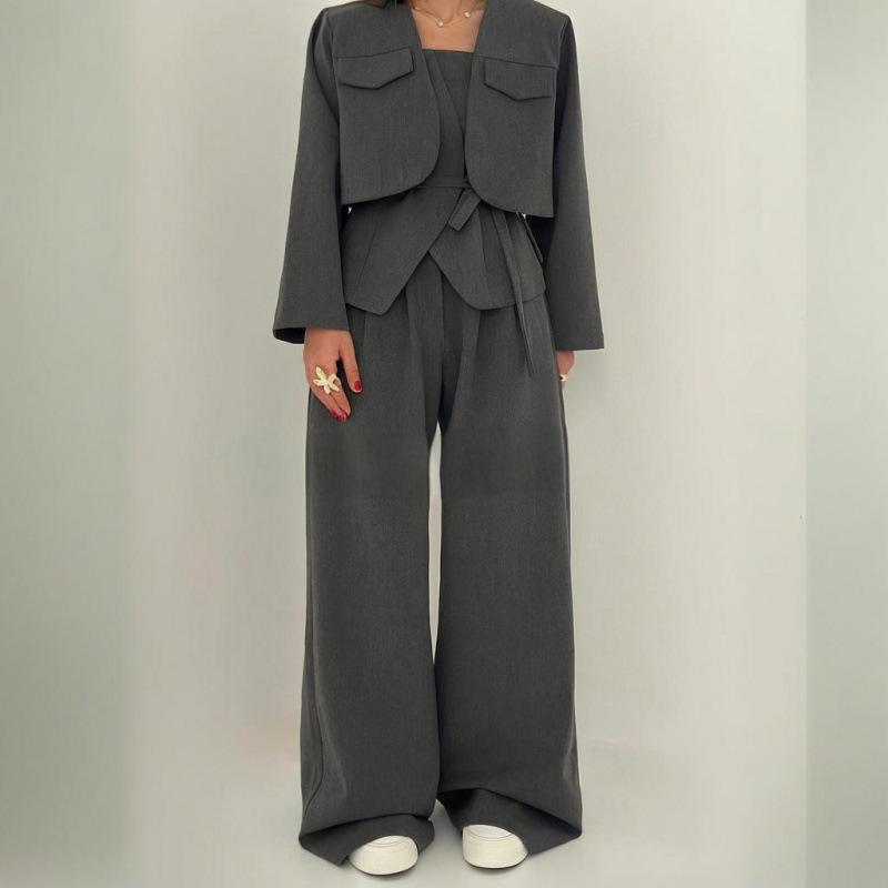 2025 Spring New Cross-border European and American Women's Suit Solid Color Wide-leg Pants Temperament Commuter Fashion Suit