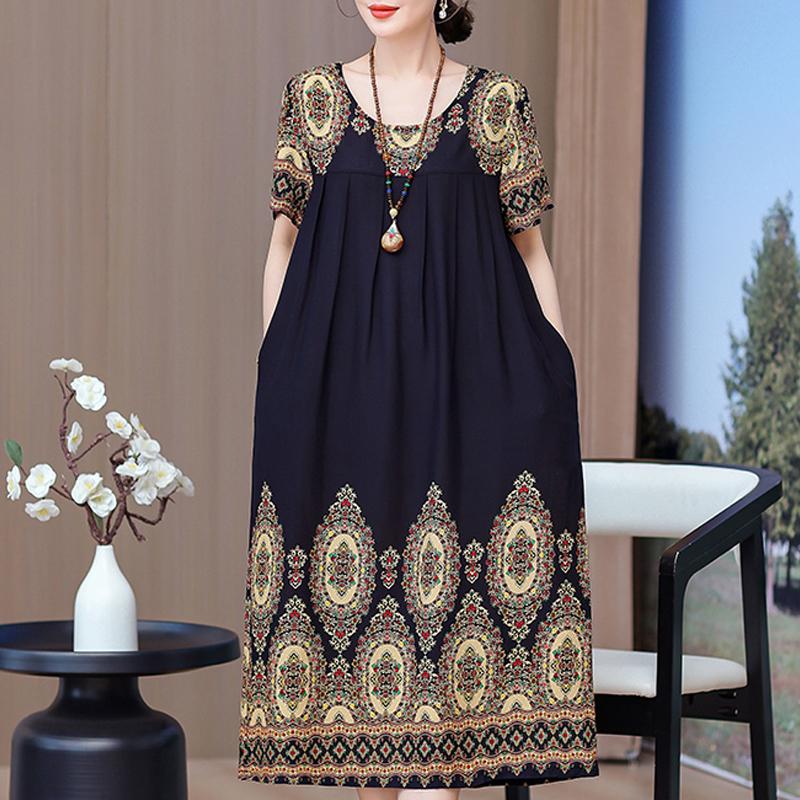 Elegante lange Kleider mit Ärmeln Übergröße Lässiges lockeres Kurzarm-Vintage-Kleid für Damen Sommerkleidung