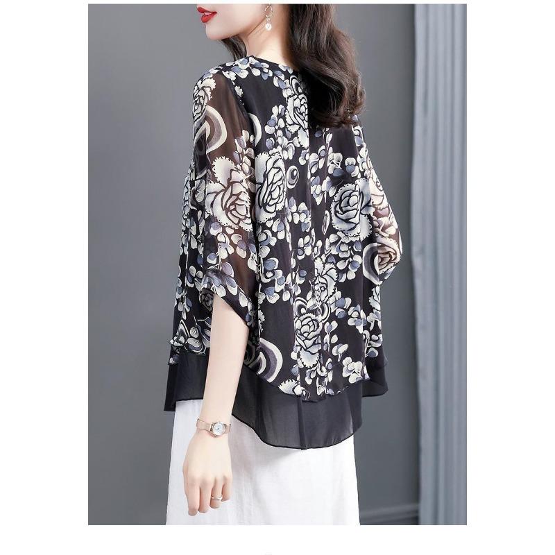 Plus Size Women Printed Chiffon Three Quarter Sleeve Fashionable Blouse