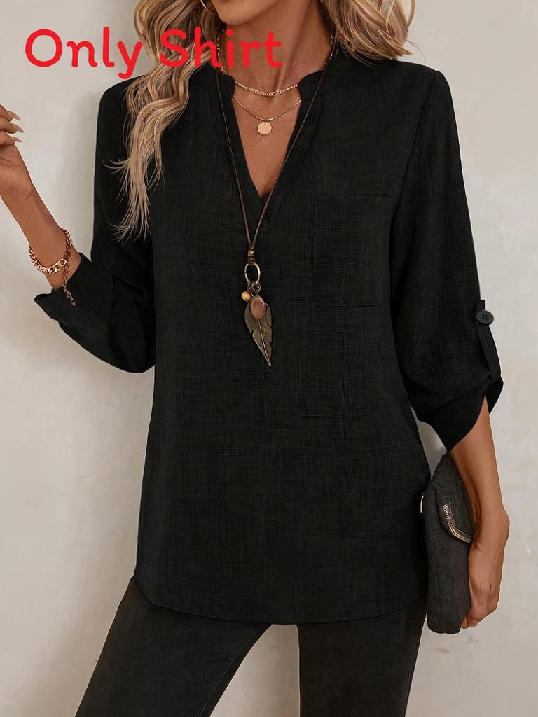Womens Casual Cotton Linen Blouse With Pockets And Vneck For Summer 2025