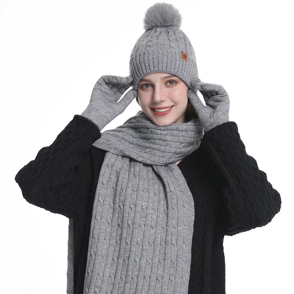 Winter Hat Beanie Long Scarf Touchscreen Gloves Set 3Pcs Soft Thick Fleece Lined Gloves Skull Cap Scarf Set for Women Men