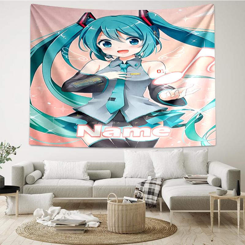 Custom Name Hatsune Miku Print Tapestry, Backdrop, Easy Setup, Ideal for Bedroom, Office & Living Room, with Aesthetic Wall Hanging Decor.