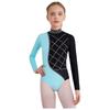 Girls Metallic Gymnastics Bodysuit Long Sleeve Rhinestone Color Block Leotard Competition Dancewear