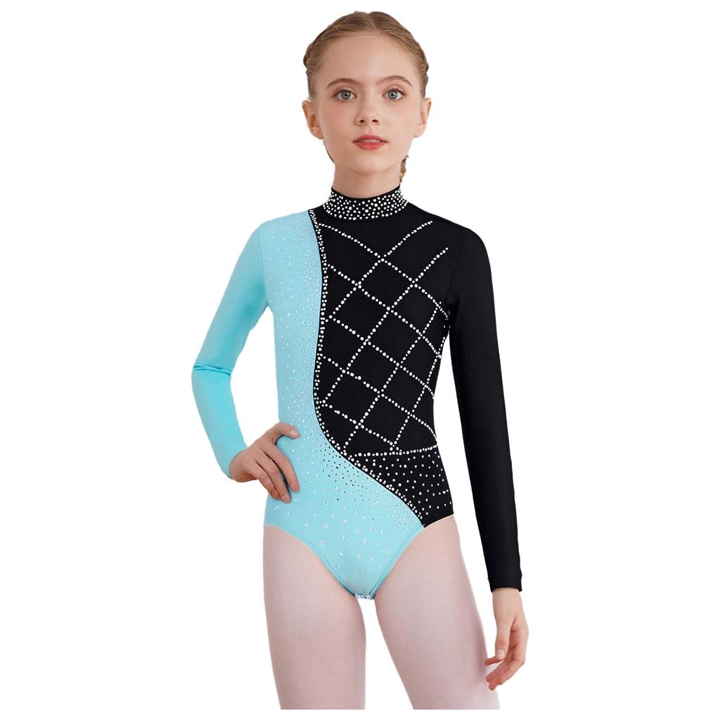 Girls Metallic Gymnastics Bodysuit Long Sleeve Rhinestone Color Block Leotard Competition Dancewear