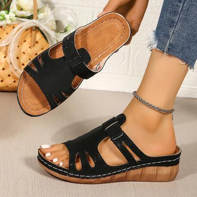 Summer New Thick Bottom Slippers Hollow Solid Color Casual Fish Mouth Slope Heel Half Dragged Women's Shoes