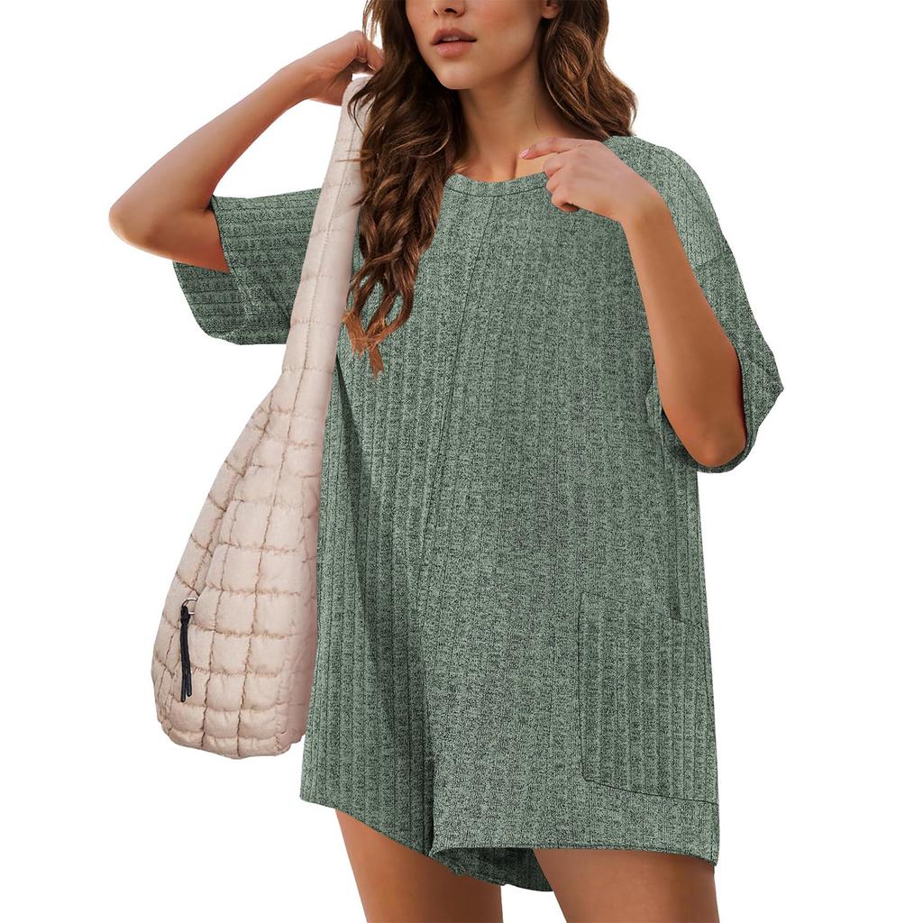 Summer Rompers for Women Short Sleeve Ribbed Oversized T-shirt Jumpsuit Shorts with Pocket