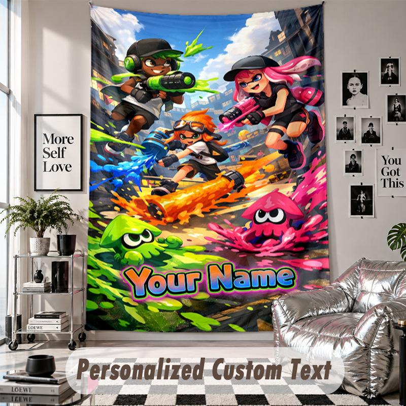 Wall Hanging Tapestry With Custom Name & Text, Splatoon Decorative Tapestry For Bedroom