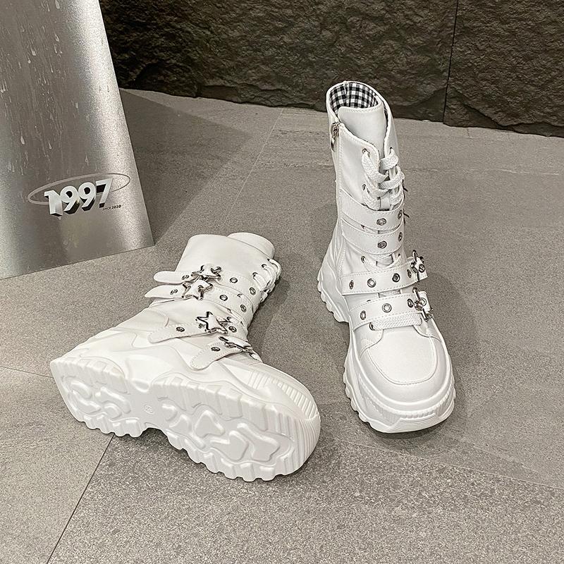 Fashion 8CM Women Chunky Mid-Calf Boots New Autumn Canvas High Platform Round Toe Buckle Ladies Shoes Motorcycle Boots Winter Sneakers