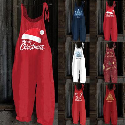Women's Jumpsuit Christmas Print Casual Loose Vintage Shoulder Strap Cotton Linen