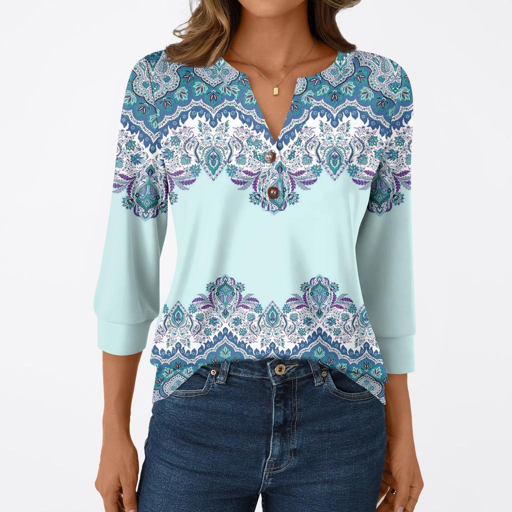 Camiseta Casual de Moda para Mujer Manga 3/4 Estampados Cuello en V Top con Botones