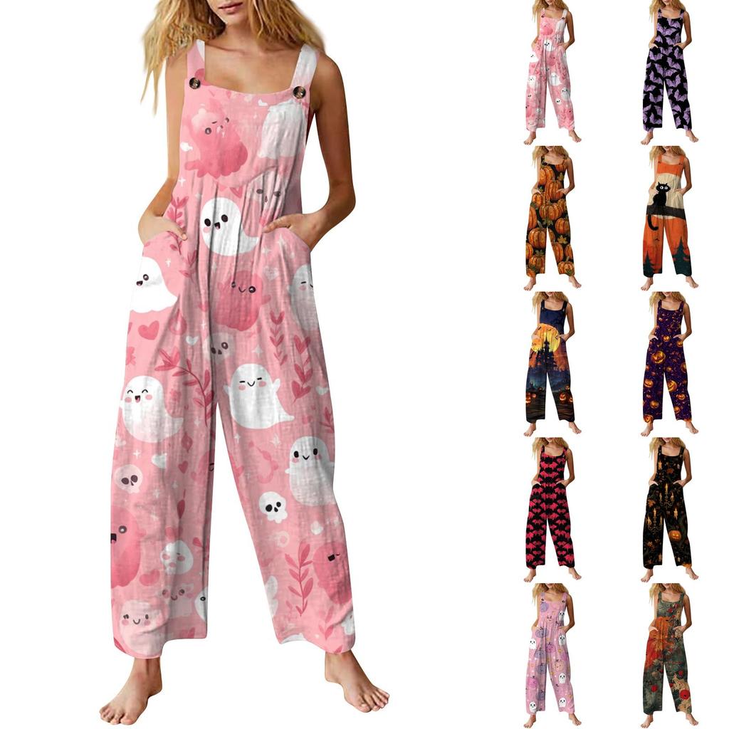 Sleeveless Casual Jumpsuit for Women Cotton One Piece Romper Loose Fit Wide Leg Halloween Print Overall