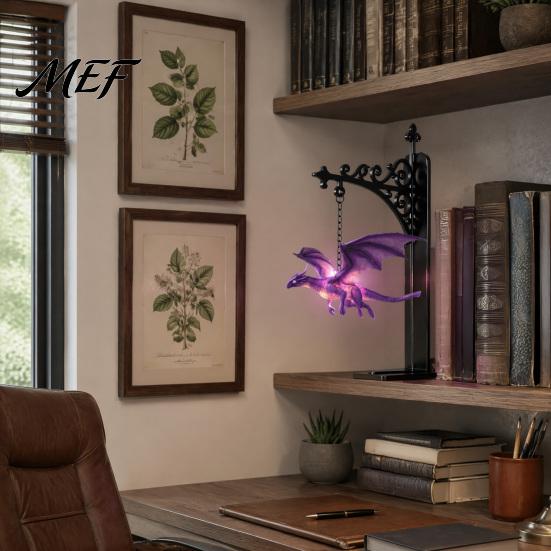 Drachenstatue für Schreibtisch Magische Fliegende Bücherregal-Lampe, Warmes Hängendes Nachtlicht, Fantasy Halloween Party Deko Lese-Ecke Deko, Einzigartiges Geschenk