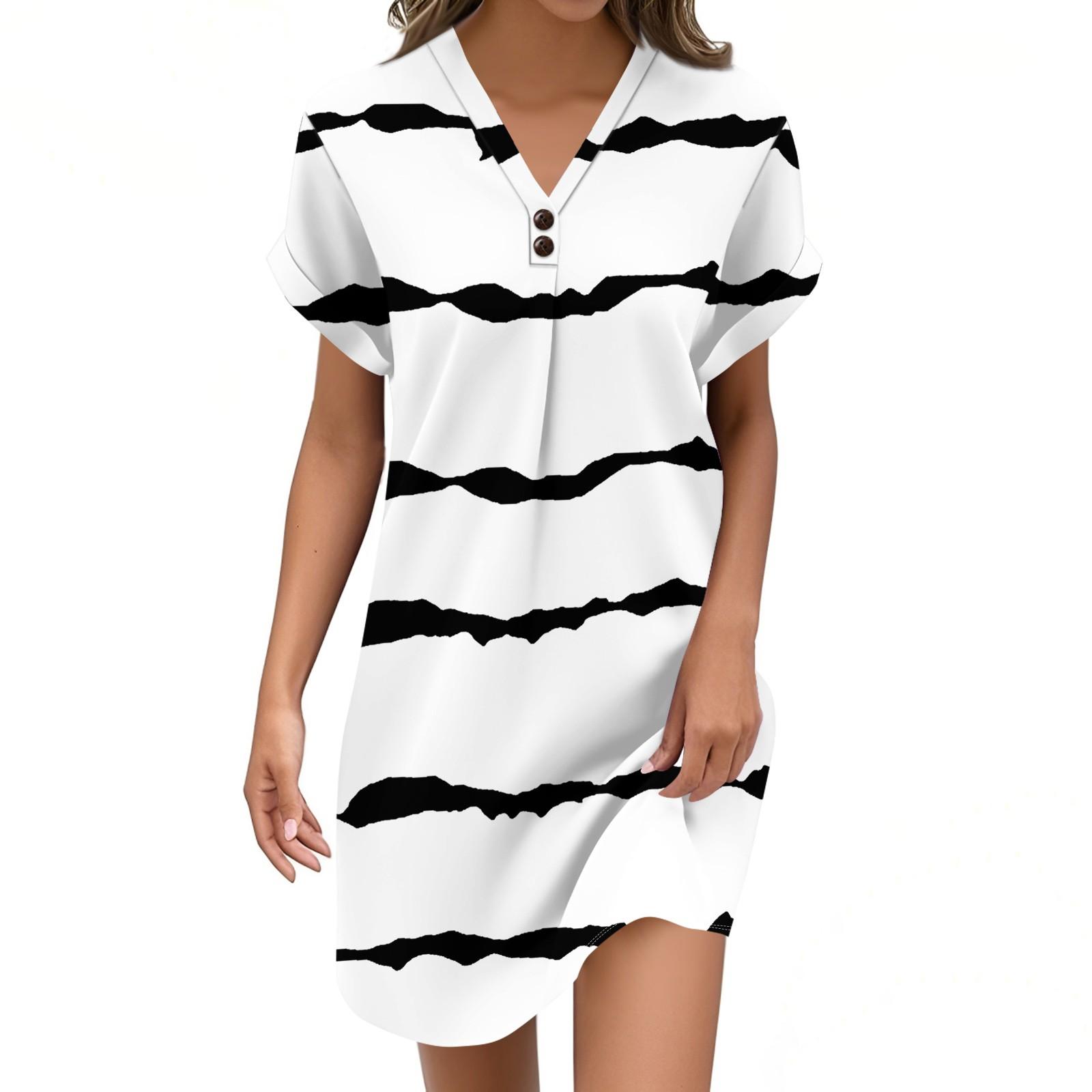 

Женское модное повседневное платье с V-образным вырезом в полоску и принтом в горошек на пуговицах XL белый