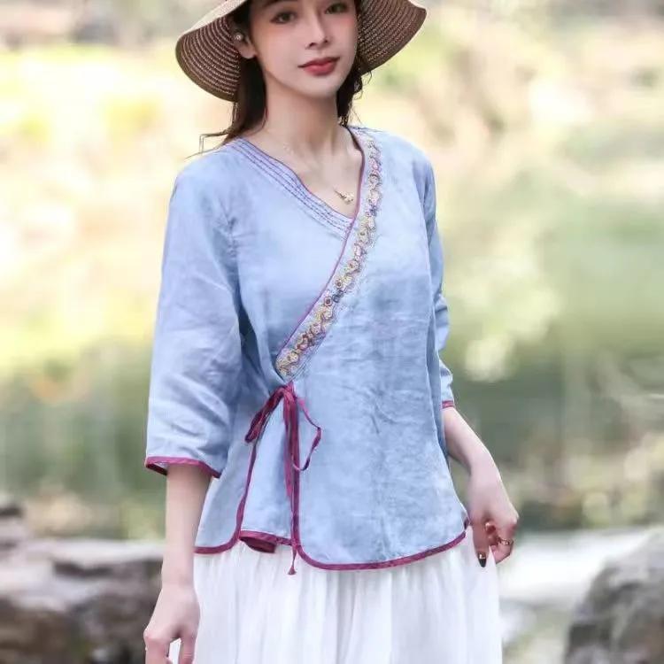 Women's Summer Embroidery Sunscreen Ethnic Small Shirt Vintage Tie Loose V-Neck Tops