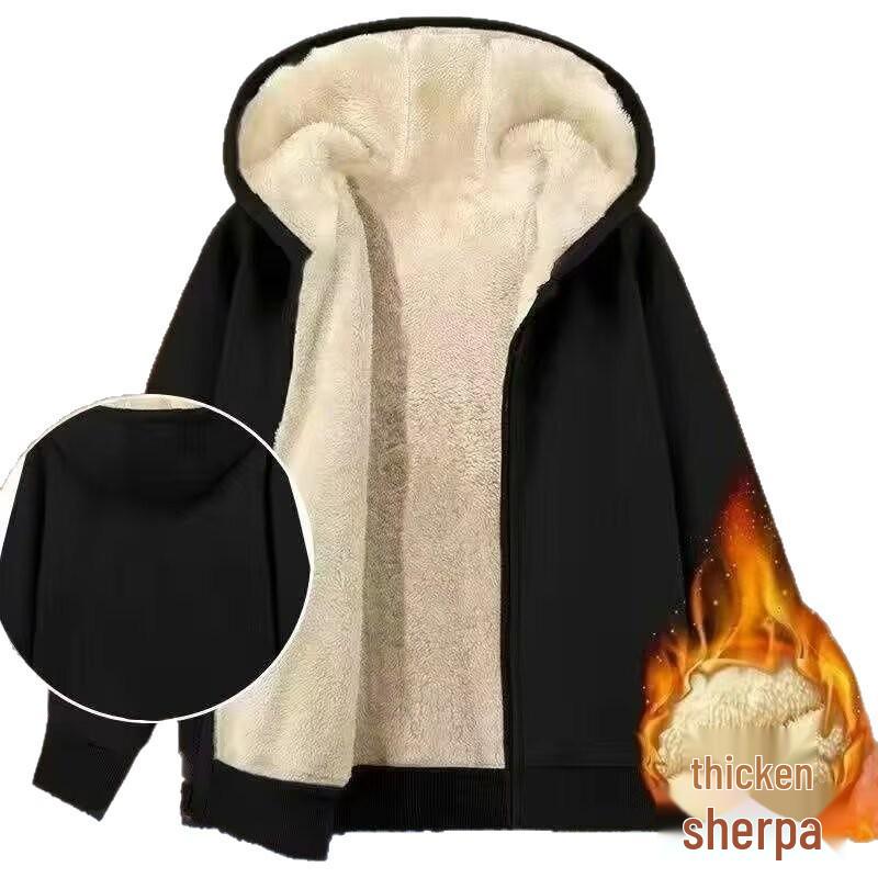 Hanorac cu glugă pentru bărbați din lână de miel căptușit cu fleece - Jachetă groasă, călduroasă și cu croială largă, cu mâneci lungi