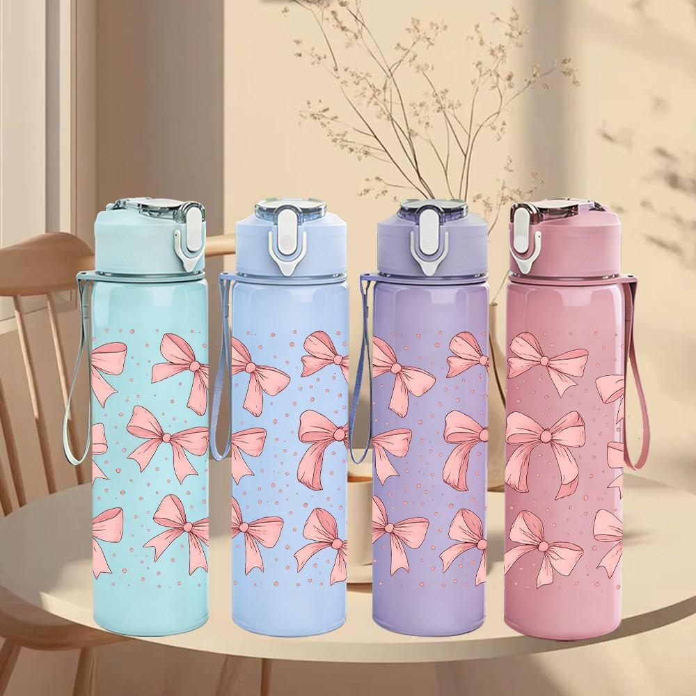 1PC Repeating Pink Bow Grid Texture 750ml Color Plastic Sports Water Bottle Leakproof Flip Straw Lid For Sports Office Home Use