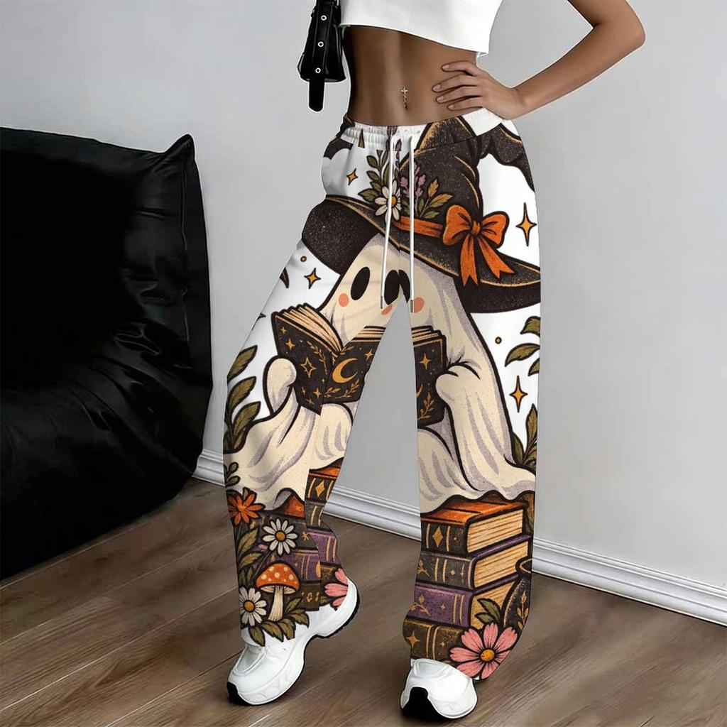 Women Plus Size Loose Straight Leg Pants Halloween Cartoon Duck Printed Full Length Casual Trousers